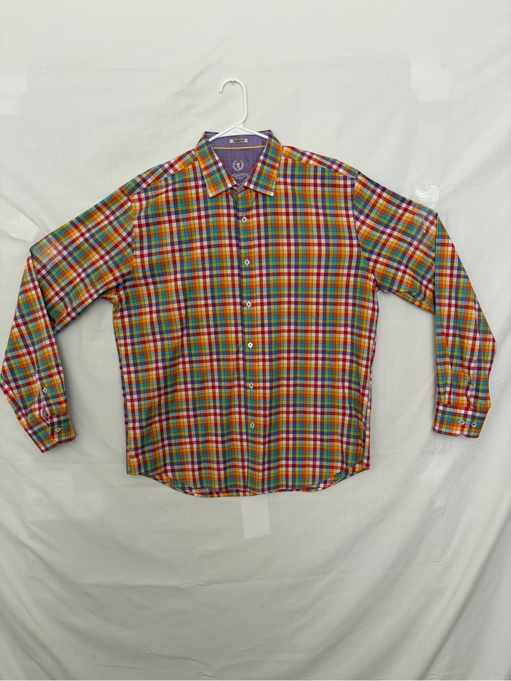Bugatchi Uomo Mens L Shaped Fit Rainbow Plaid Cotton Shirt (A959)